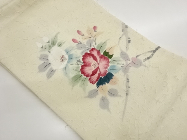 作家物　ひげ紬手描き椿模様名古屋帯